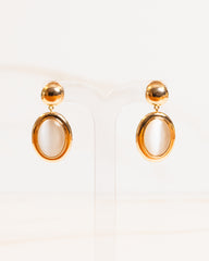 Brinco Penduricalho Oval Pedra Olho de Gato Banho Ouro 18K