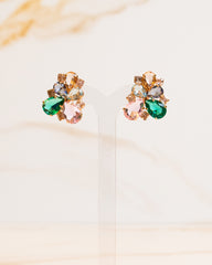 Brinco de Pressão Gotas Pedraria Multicolorido e Zircônias Cristais Banho Ouro 18K