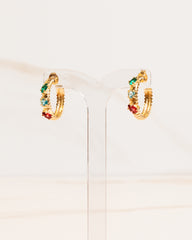 Argola Meia Lua Cravejada Zircônia Colorida Banho Ouro 18K