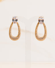 Brinco Gota Vazada Cravejada Zircônia Base Pedra Cristal Oval Banho Ouro 18K