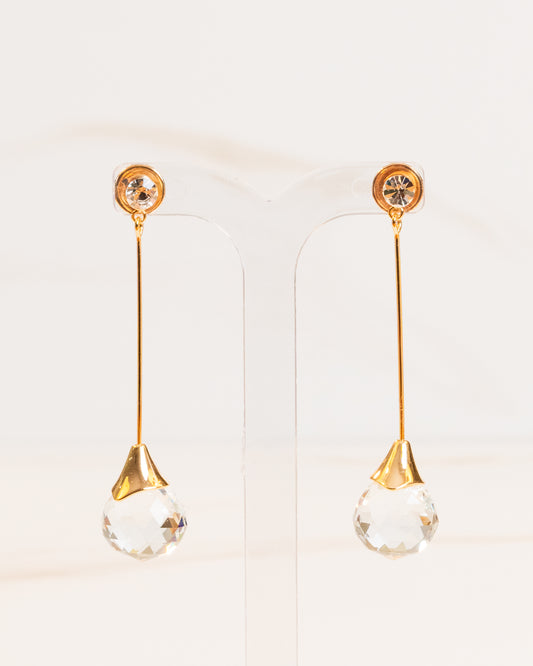 Brinco Pêndulo Pedra Cristal Transparente e Ponto de Luz Banho Ouro 18K