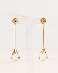Brinco Pêndulo Pedra Cristal Transparente e Ponto de Luz Banho Ouro 18K