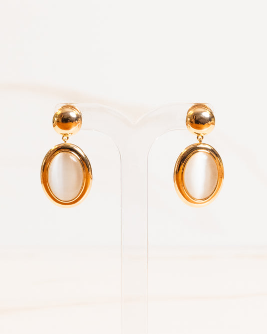 Brinco Penduricalho Oval Pedra Olho de Gato Banho Ouro 18K
