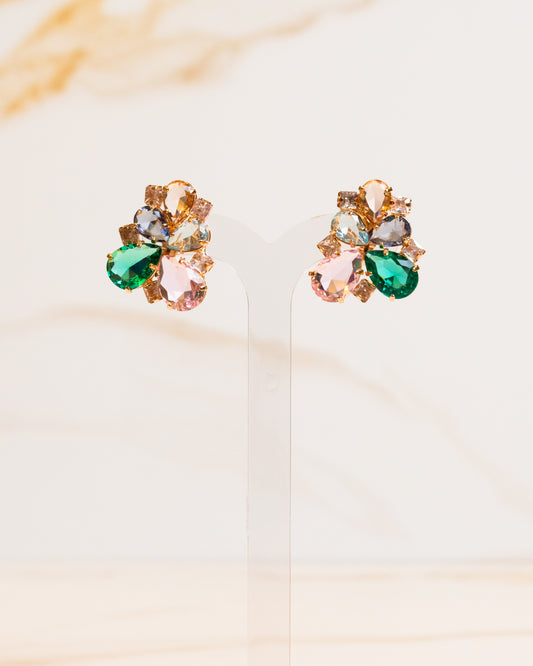 Brinco de Pressão Gotas Pedraria Multicolorido e Zircônias Cristais Banho Ouro 18K