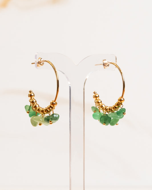 Argola Meia Lua P de Pedra Natural Quartzo Verde Banho Ouro 18K