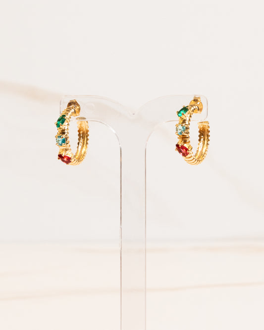 Argola Meia Lua Cravejada Zircônia Colorida Banho Ouro 18K