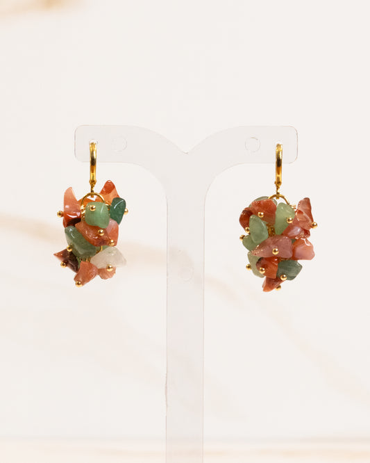 Brinco Pedra Natural Quartzo Verde e Ágata Cornalina Fecho Argola Tranqueta Banho Ouro 18K