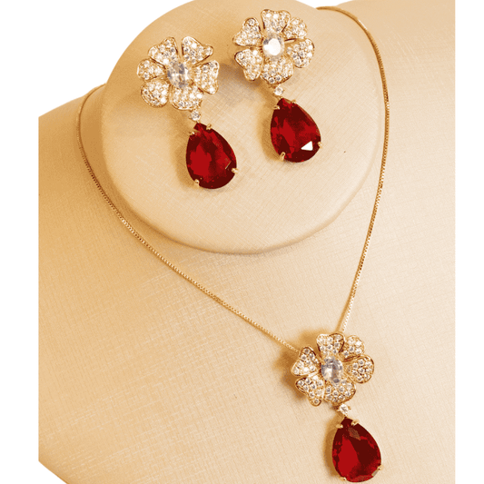 Conjunto Colar e Brincos Floral Gota Ouro