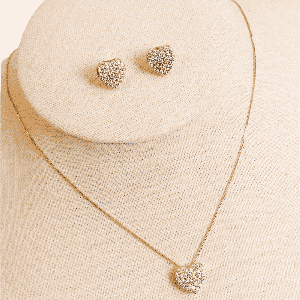 Conjunto Colar e Brincos Coração Cristal Ouro