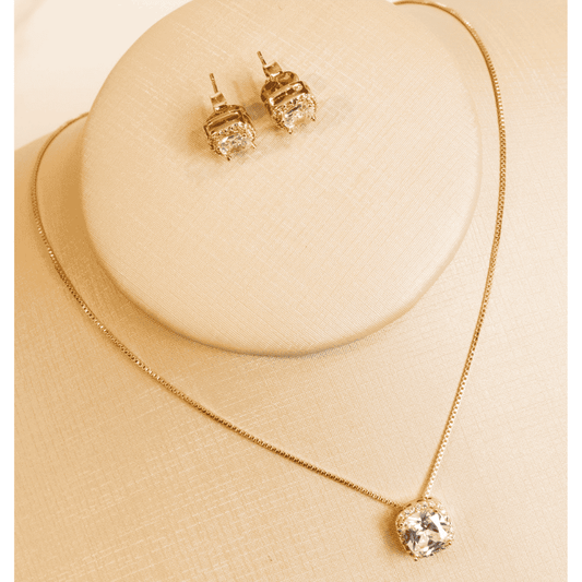 Conjunto Colar e Brincos Quadrado Ouro