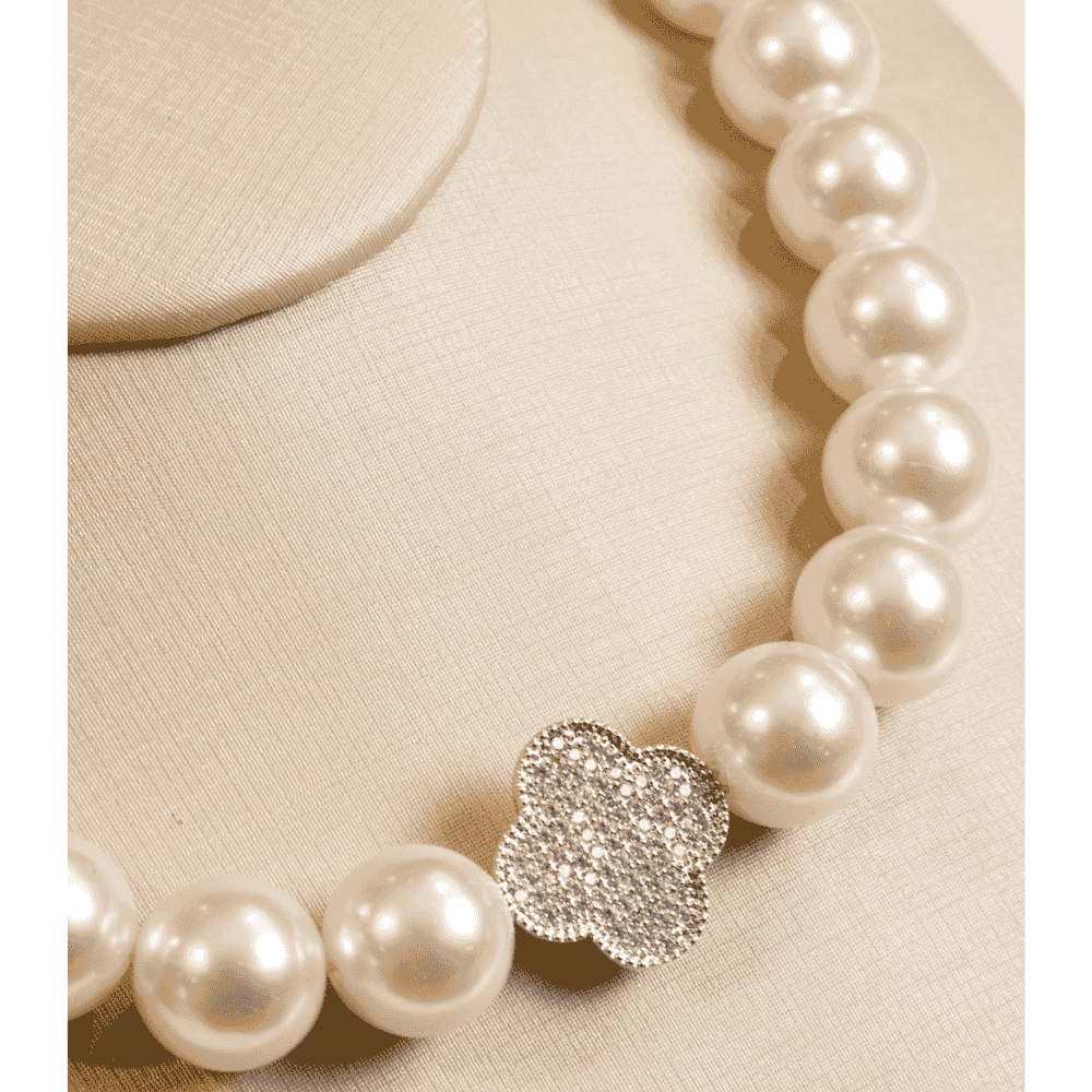 Conjunto Pérolas Trevo Cravejado Ródio Branco