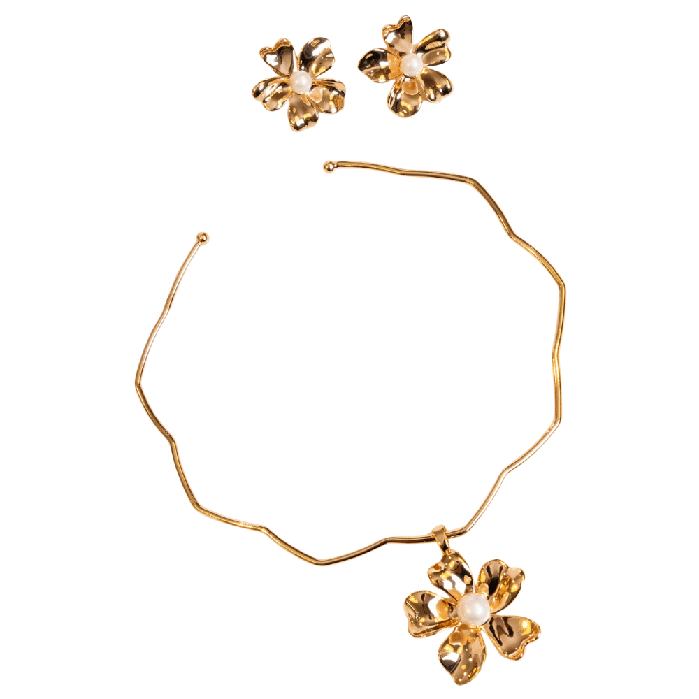 Conjunto Colar e Brincos Flor Pérola Ouro