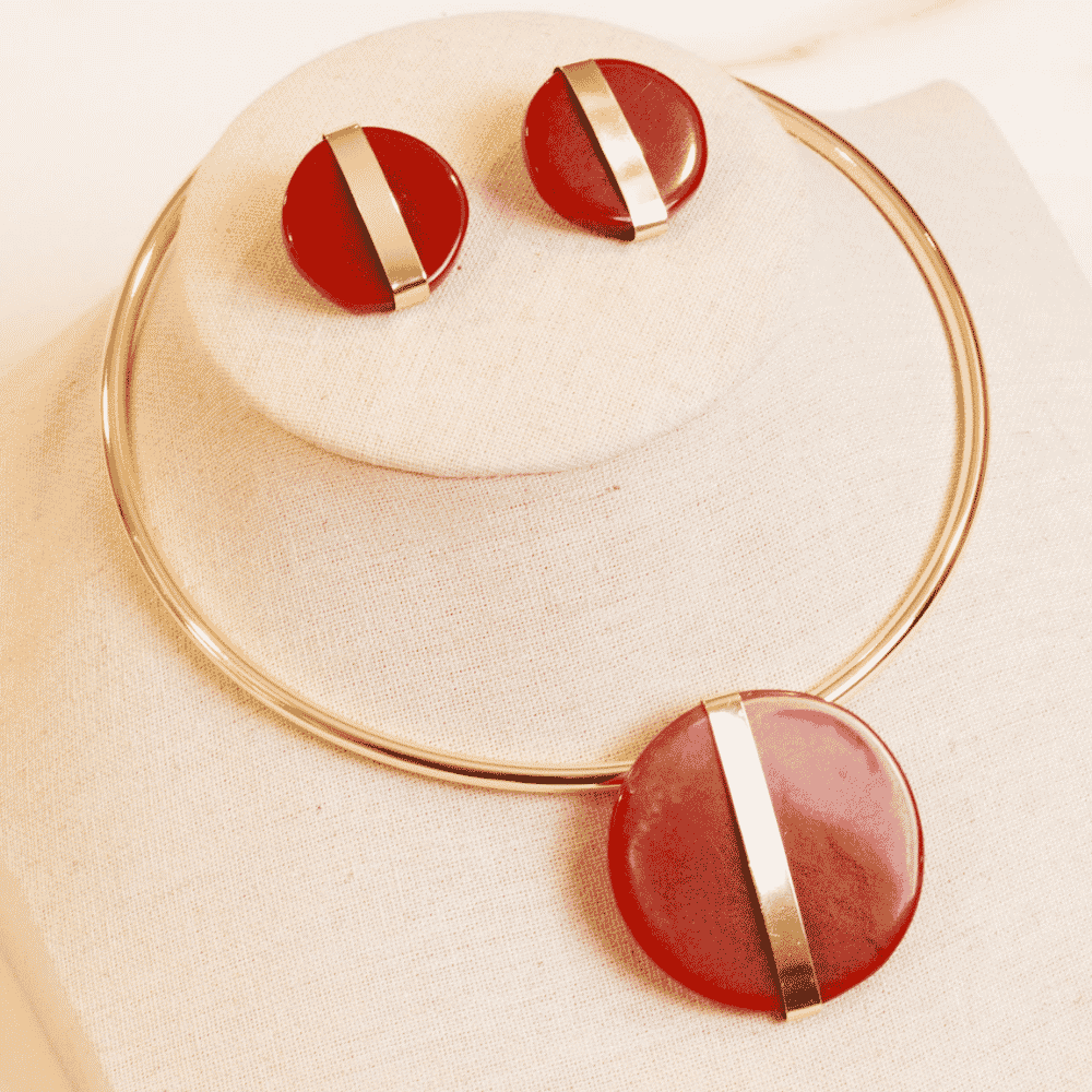 Conjunto Choker Aro Resina Marrom Ouro