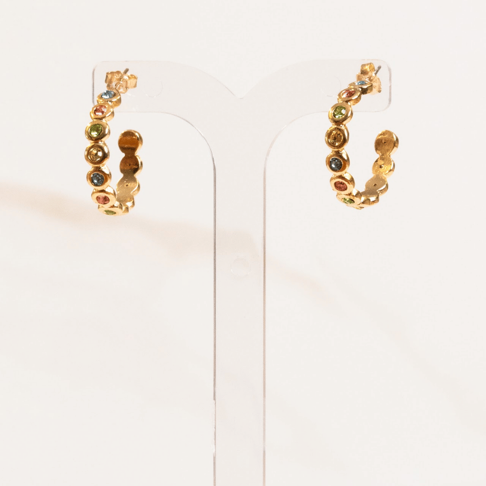 Argola Meia Lua Zircônia Multicolor Ouro