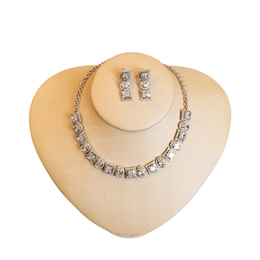 Conjunto Colar e Brincos Cravejado Quadrado e Oval