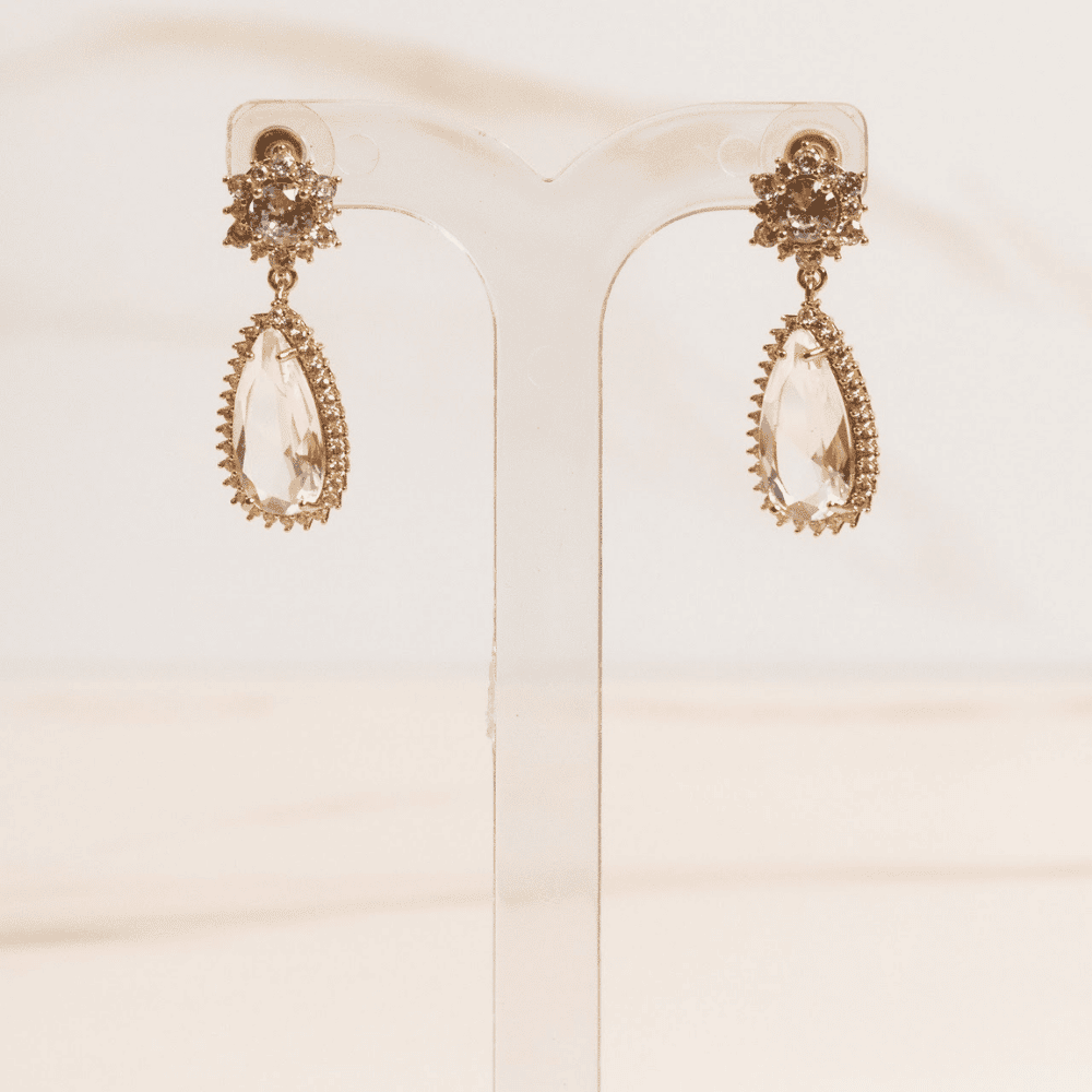 Brinco Gota Cristal Base Flor Zircônia Ouro