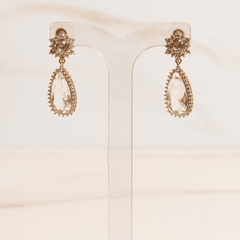 Brinco Gota Cristal Base Flor Zircônia Ouro