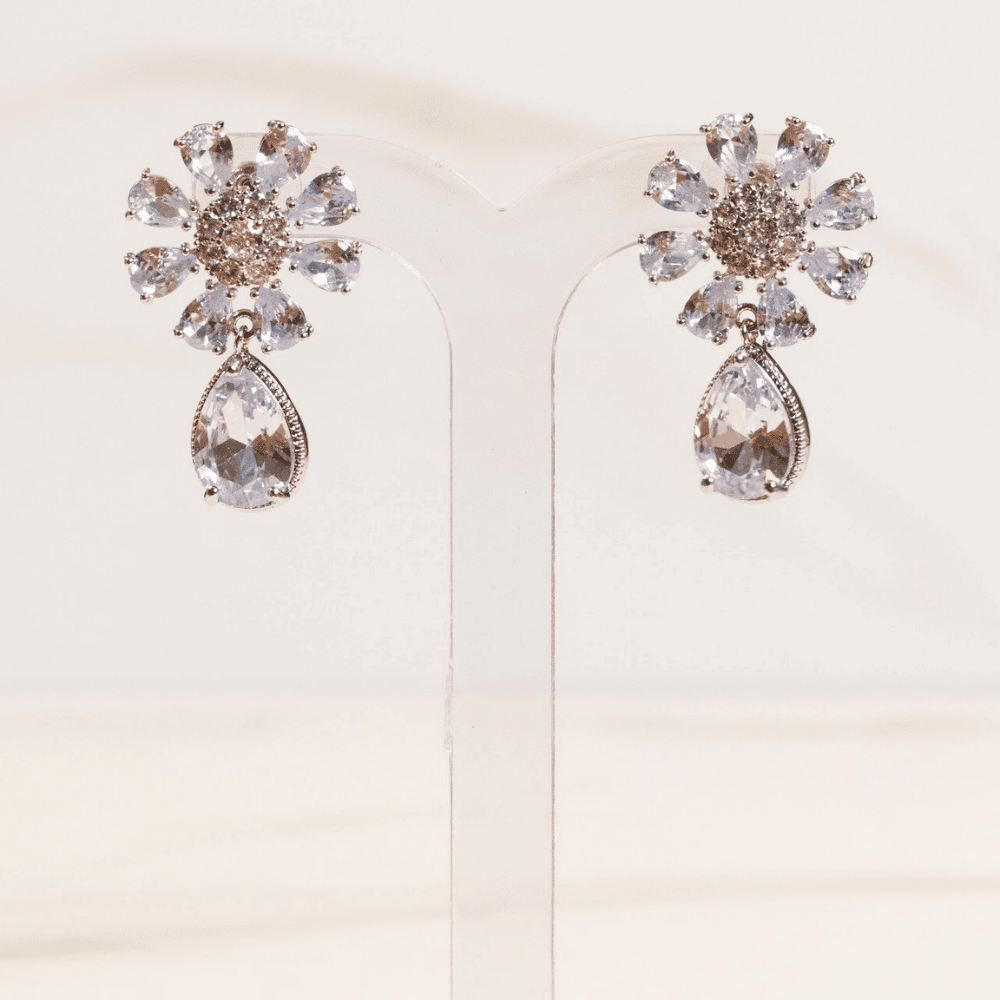 Brinco Floral Marquise Cristal Ródio Branco