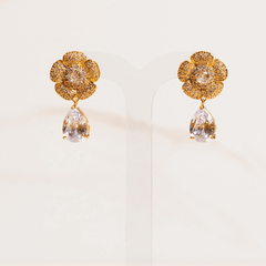 Brinco Flor Cravejado Cristal Gota Ouro