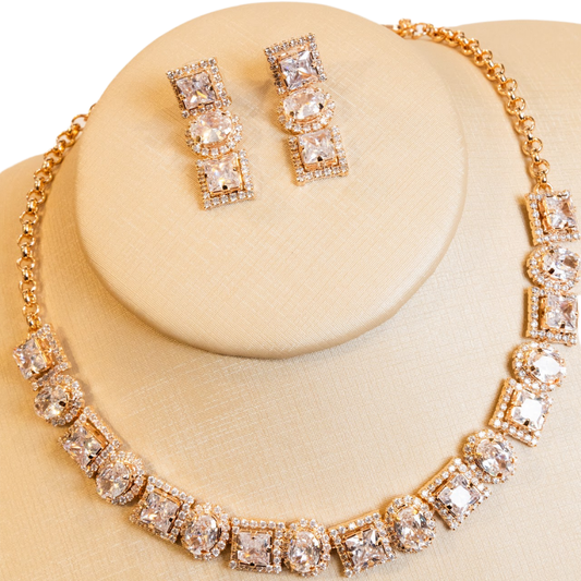 Conjunto Colar e Brincos Quadrado Oval Ouro