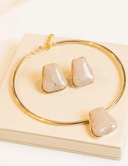 Conjunto Colar Aro, Pingente e Brinco Geométrico Resina Marmorizado Banho Ouro 18K